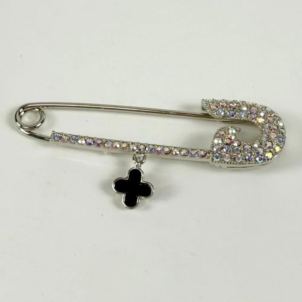 Fashion Jewelry Rhinestone Pin Brooch Silver Tone Black Flower Dangle - Picture 2 of 5